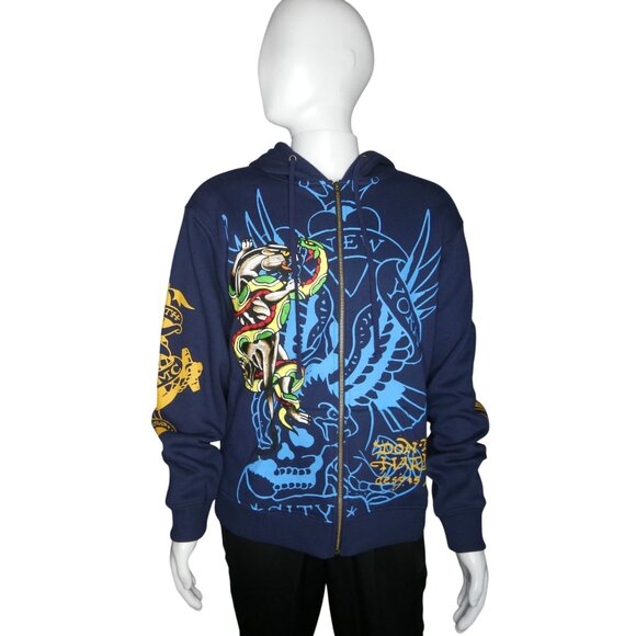 Ed Hardy Men's Panther‎ Bulldog Midnight Blue Hoodie Sizes L & XL - Picture 2 of 16